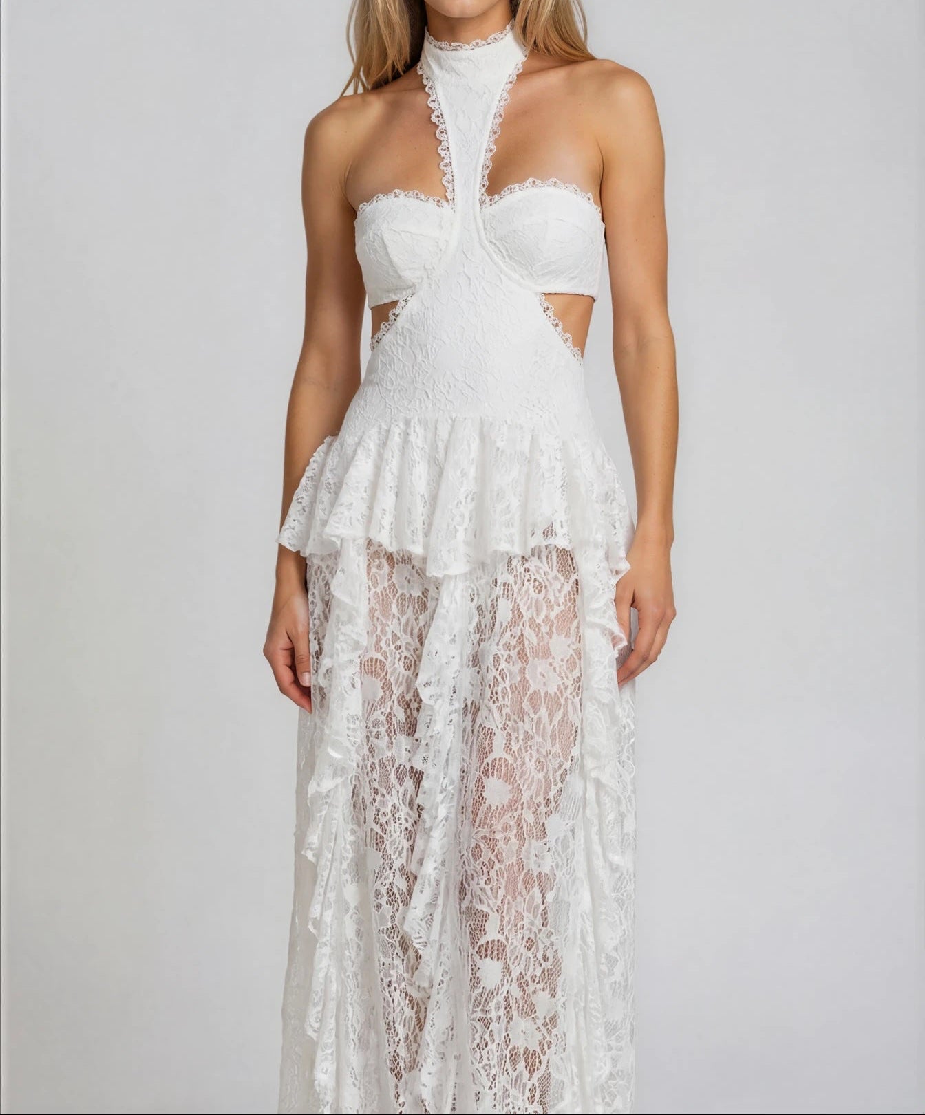 white neck hold lace dress