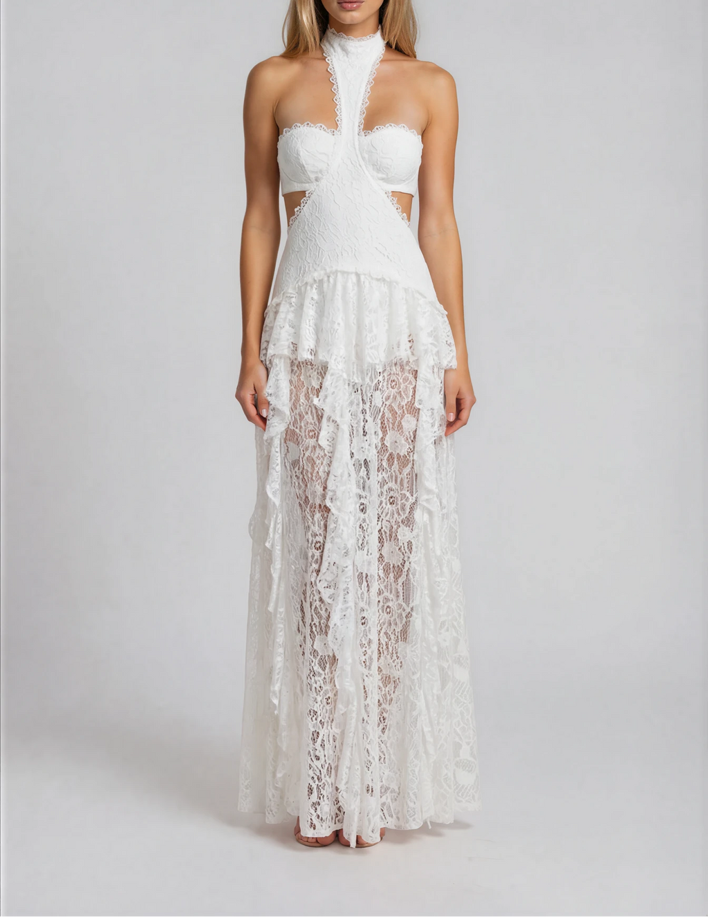 white neck hold lace dress