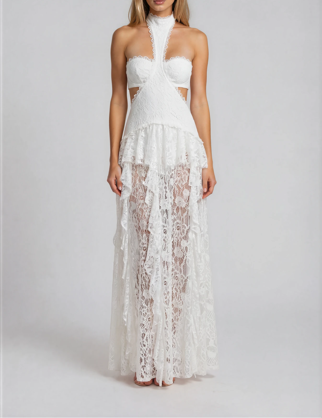 white neck hold lace dress